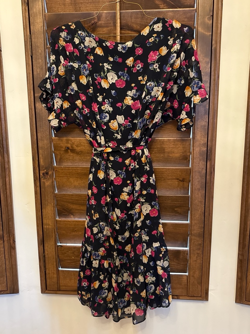 Lauren Ralph Lauren Black Floral Midi Dress with Pink and Yellow Blooms